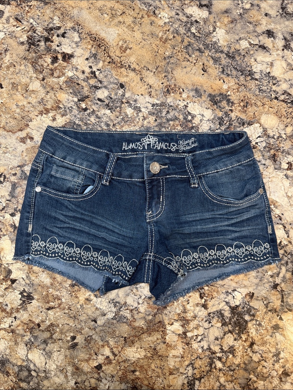 Almost Famous Dark Blue Denim Shorts with embroidered skulls